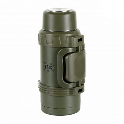 M-Tac Thermoskanne 1,6 l Edelstahl | Isolierflasche mit Vakuum-Isolierung | 12h Heiß & Kalt | Robuste Outdoor-Thermosflasche mit Griff & Trageriemen | BPA-frei | Olivgrün