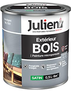 Julien Peinture Bois Microporeux Extérieur Satin - Portes, fenêtres, portails, mobilier de jardin - Gris Argent 0,5 L