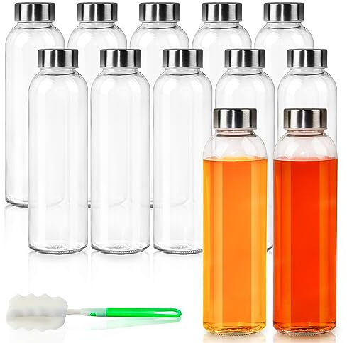 GUANENA 12 Pack Glass Water Bottles, 16oz Clear Glass Bottles with Lids | Stainless Steel Lids, Leak-Proof, Reusable Glass Drink Bottles with Caps, for Juicing, Smoothies, Tea, Water, Beverages