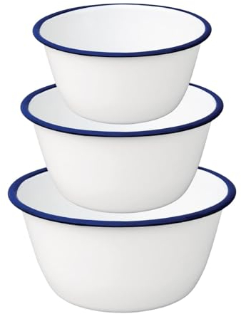 Falcon Enamel Shabby Chic Vintage Style Pudding Basin Bowl - White with Blue Rim - Set of 3 (Pudding Basins - 10/12/14)