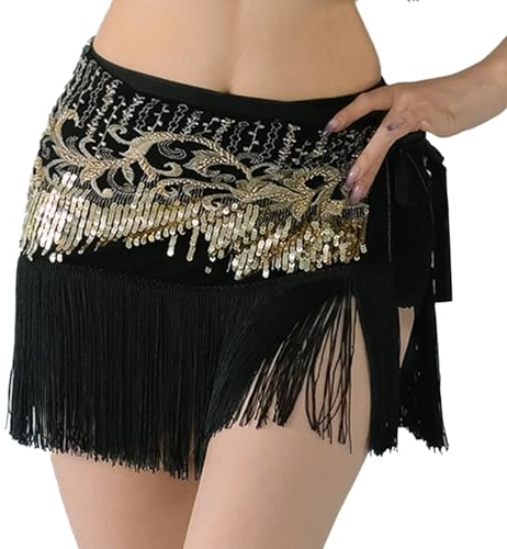 Rock Damen Bauchtanz Hüfttuch Bauchtänzerin Tribe Style Gürtel Quaste Hüfttuch Samt Taille Kostüm Bauchtanz Hüfttuch Kostüm Latin Dance Röcke Pailletten Quaste Fransen Outfits Rock für Damen