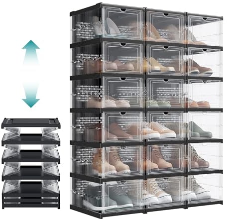 SONGMICS Boîtes à Chaussures, Lot de 18, Empilables, 3 Meubles à Chaussures Intégrés, Pliable et Portable, Convient jusqu’à la Pointure 46, Montage en 60s, Transparent et Noir d'Encre LSP207B01