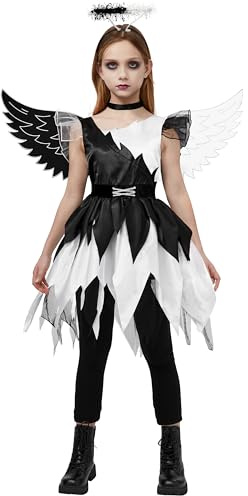 Spooktacular Creations Disfraz de ángel trenzado para niñas, vestido de medio ángel y medio diablo, conjunto de traje para niños para fiesta de Halloween