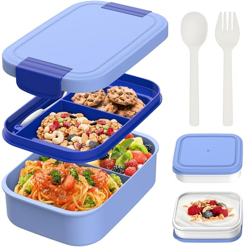 BIBURY Lunch Box, Upgraded Leakproof Bento Box for Kids Adults, Lunchbox with 4 Compartments, Cutlery and 2 Sauce Pot Set, BPA Free, Microwave and Dishwasher Safe Snack Box Sandwich Box, 1.9L - Blue