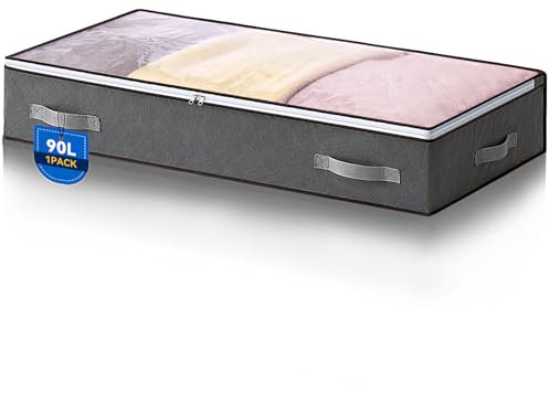 Boic 1 Pack 90L Underbed Storage Bags, Foldable Clothes Storage Bag, Under Bed Storage Box With Lid, Large Under Bed Storage Bags For Comforters Blankets Bedding (Grey)