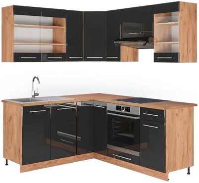 Vicco Cocina esquinera Fame-Line, Antracita Brillo Intenso/Roble Dorado eléctrico, 160 x 190 cm, ET Roble