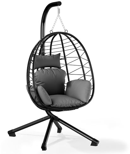 HOMELUX Hängesessel mit Gestell, Hängematte, Hängeschaukel, Hängestuhl mit Kissen, Schaukel Outdoor&Indoor,Polyrattan Korbhängesessel- bis 150 kg (Grau)