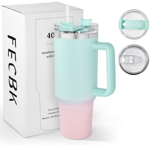 FECBK 1,2L Kaffeebecher to Go Thermobecher Doppelwandig Edelstahl Vakuumisoliert Auslaufsicher Trinkbecher mit Deckel und Strohhalm 40 oz Tumbler Cup, Spülmaschinenfest, Bubble Gum