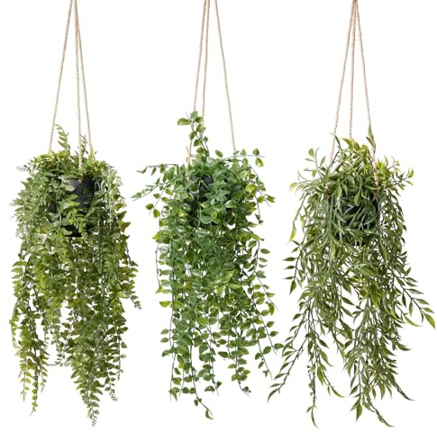 PENGYEE 3 Packs Fake Hanging Plants with Black Pots, 20 Artificial Hanging Plants for Wall Decor, Fake Fern Plants Mandala Vine for Home Bathroom Bedroom Kitchen Office Room Decor