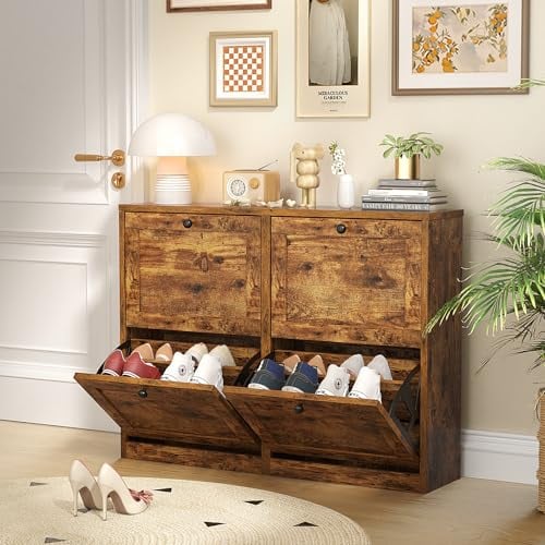 VOWNER Schuhschrank mit 4 Klappen, Schuhschrank Schmal Schuhregal, mit 8 Fächern, Schuhablage Verstellbar, 105 x 24 x 80 cm, Anti-Kipp-Vorrichtung für Eingangsbereich, Flur, (Vintagebraun)