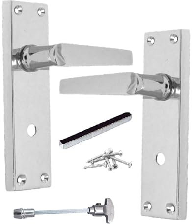 Chrome Door Handles Interior Door Bathroom Handles - Victorian Straight Bathroom Lock Handles, Polished Chrome Door Handles, Back Plate, 150 x 42mm, Door Handles Multipack, Door Handles Set 1