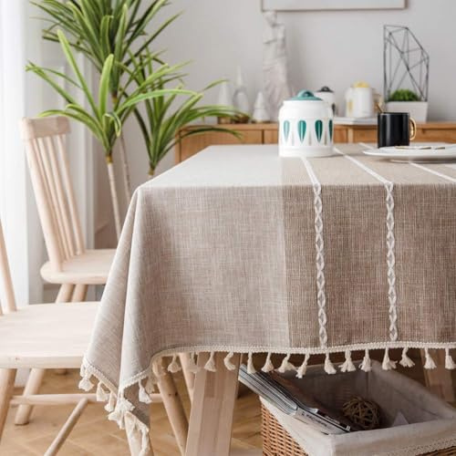 SUNBEAUTY Tischdecke 140x260 wasserdichte Abwaschbar Tischtuch Elegant Baumwolle Leinen Rechteckig Tischwäsche Tischdecke mit Quaste für Home Küche Speisetisch Dekoration