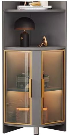 ENHEN Glasvitrine Eckvitrine mit Gebogenem Design für Kleine Räume, 47-Zoll-Bücherregal mit Tür Aus Gehärtetem Glas, LED-Lichtleiste und Spirituosenvitrine(Grey+Gold)