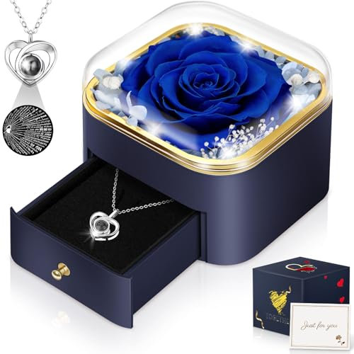 Hnustbo Cadeaux pour Femme, Maman, Petite Amie, Fleurs Éternelles Préservées, Vraie Rose avec Collier, pour Elle pour Un Anniversaire, La Saint-Valentin, La Fête des Mères, Noël