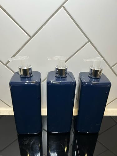 Bathroom Pump Bottles, Set of 3, 500ml Navy Square with Silver and Natural Pumps