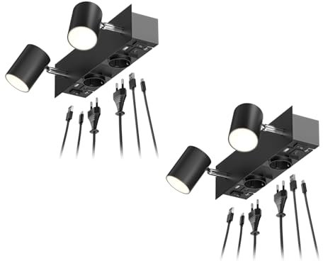 ledscom.de 2 Stück Wandleuchte WAIKA, 2-flammig, Schalter, schwarz, 2 Steckdosen, USB-C, USB-A, 2x GU10 max. 15W