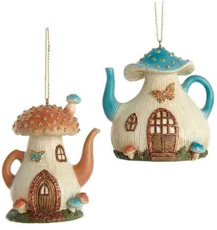 The Bridge Collection Mushroom Teapot House Ornaments - Set of 2 - Resin Mushroom Ornaments - 3 Fairy Garden Themed Christmas Ornaments