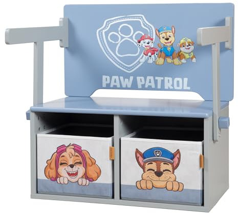 Klappbare Sitzbank Paw Patrol + 2 wendbare Aufbewahrungsboxen - Umbaubar zum Kindertisch - Ab 18 Monaten geeignet - Holz grau / blau