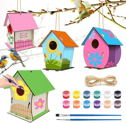 YFPOPONE 4 Stück Vogelhaus Bausatz Kinder Zum Bemalen Mit Farben Und Pinseln,4 Formen Von Bausatz Vogelhaus Holz Für Jungen Und Mädchen, DIY Kit Für Kinder Geburtstag Kleine Größe, nur für Heimwerker