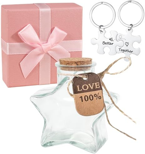 elook Glass Jar Bottle with Cork Stopper, 50ml Star Glass Gift Bottle with Box and Couple Keychain Set - 7 x 5.5 x 4 cm