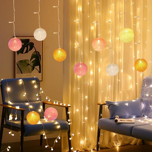 Lichtervorhang Innen, LED Lichterkette 3M 96 LED kugeln Lichterketten Vorhang Dimmbar, 8 Modi Wasserdicht Led Vorhang für Zimmer Party Hochzeit Terrasse Frühlings Ostern Deko (B)