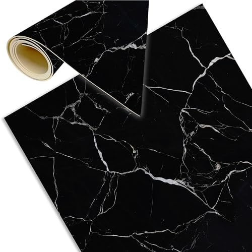 Alfombra Vinilica Negra Cocina Lavable Antideslizante | Marm 80x40 cm | Vinilo Imitacion Marmol para exterior o interior Salón Baño Pasillo Terraza Facil limpieza y muy higienica