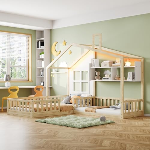 KAZZIO Cama infantil de 90 x 200 cm (140 x 70 cm) con ventana y chimenea en forma de casa con estantes, con rejilla de seguridad y somier (color madera)