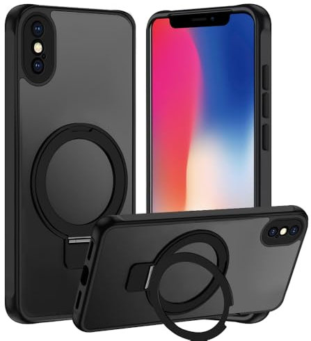 Tawarror 3-in-1 MagStänder Handyhülle für iPhone XS/iPhone X Hülle für MagSafe, Matt Transluzente Magnetisch Schutzhülle für iPhone X/XS mit Ständer Hart PC Kratzfest + TPU Stoßfest Case, Schwarz