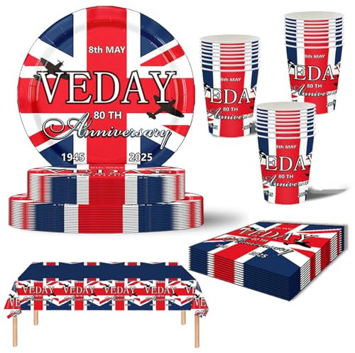 69Pcs VE Day 80th Anniversary Decorations Party Tableware,VE Day 80th Party Plastic Table Cloth Table Cover,Paper Plates and Napkins Serviettes,Paper Cups, 80 Years VictoryIn Europe Table Decoration