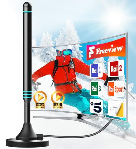Antenna TV Interna Digitale 4K – Ricezione fino a 250 km, HDTV Ultra HD, Facile Installazione, Cavo Coassiale 5m, Compatibile con Smart TV (B011)