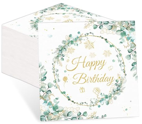 Lot de 60 serviettes Happy Birthday, serviettes d'anniversaire, serviettes pour anniversaire, mariage - Vert eucalyptus