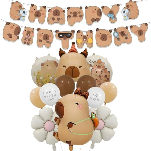 Capybara Geburtstag Deko Ballons,13 Stk Capybara Deko Folienballons Luftballons Geburtstag Set mit Gänseblümchen Ballon und Happy Birthday Girlande für Mädchen Junge Kinderparty Geburtstags Dekoration
