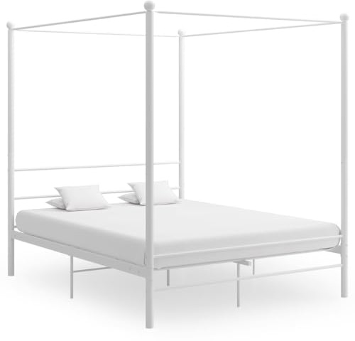 Teenpull Himmelbett Weiß Metall 160x200 cm, Elegantes Bettgestell für Schlafzimmer, Robustes Plattform-Design mit Lattenrost, Langlebiger Rahmen für Komfort