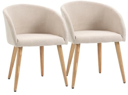 HOMCOM Esszimmerstühle 2er Set Küchenstuhl mit Rückenlehne Modern Beige | Leinen-Optik, Polsterstuhl mit Armlehne, Holzbeine, Sessel für Esstisch, Essstuhl für Lounge Wohnzimmer Esszimmer