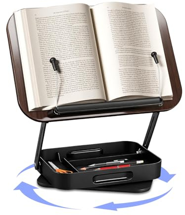 Porte-Livre avec Rangement en Bois, Pupitre de Lecture Ergonomique Réglable en Hauteur et Pliable, Support Livre de Cuisine, Tablette et Coran - Lutrin Moderne pour Bureau, Lit et Maison