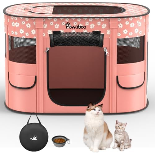Pawaboo Parc Portable pour Chien en Tissu Oxford 600D, Fleur Rose Claire | Parc pliable avec fenêtres en maille, portes enroulables, sac de transport et gamelle pliable, 89 × 71 × 61 cm(L)