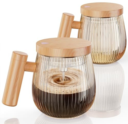 Juego de 2 tazas de batidora eléctrica automáticas, 400 ml, alta velocidad para café/leche/proteína en polvo, resistente al calor, batidora de café con tapa (oro S)
