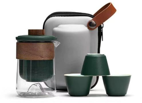 Portable Glass Gong Fu Tea Set, Chinese Travel Tea Cup with Ceramic Infuser and Fast Brewing Pitcher