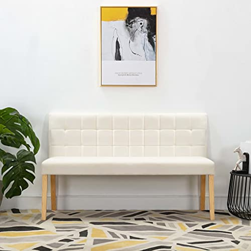 Fangmaliuyun Creme Samt Sitzbank 140x56x86 cm mit Stepp-Rückenlehne, Kautschukholz-Beinen, Modernes Design für Flur, Esszimmer und Schlafzimmer, einfache Montage