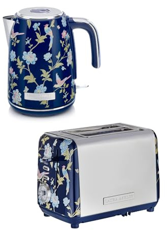 Laura Ashley Elveden Navy 2 Slice Toaster and Kettle Set - Energy Efficient 1.7L Electric Kettle - Fast Boil Kettle & Toaster 2 Slice with Wide Slots, Defrost, 7 Browning Settings & Warming Rack