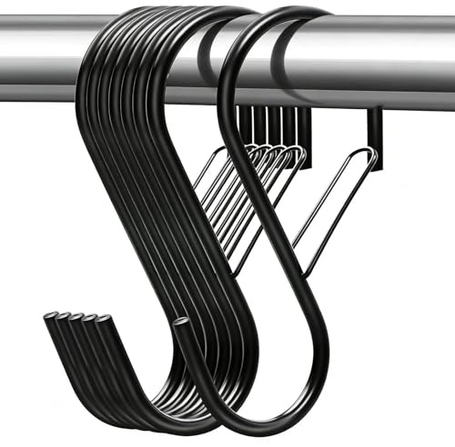S Hooks for Hanging with Safety Buckle, 10 Cm Black Heavy Duty Large S Shaped Hook, Metal Kitchen Hooks for Utensils, Plants, Bathroom,Clothes, Jeans, Pots, Bags-8 Pack