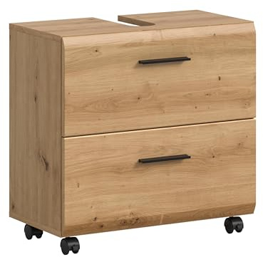 xonox.home – Waschbeckenunterschrank Ice auf Rollen 75x35x35 cm in Artisan Eiche – Moderner Schrank mit 2 Schubkästen – ideal zur Ergänzung Ihrer Badmöbel