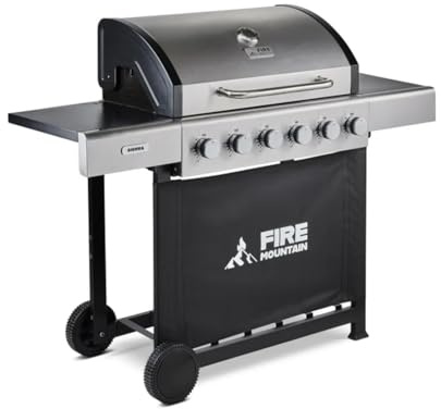 Fire Mountain Sierra 6 Burner Gas BBQ Stainless Steel with Cast Iron Grill Large Outdoor Barbecue for Garden Patio 72 x 42cm Cooking Area