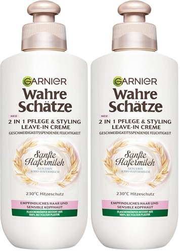 Garnier Wahre Schätze Sanfte Hafermilch 2-in-1 Pflege & Styling Leave-In Creme, geschmeidigkeitsspendende Feuchtigkeit mit Hitzeschutz, 200 ml (Packung mit 2)