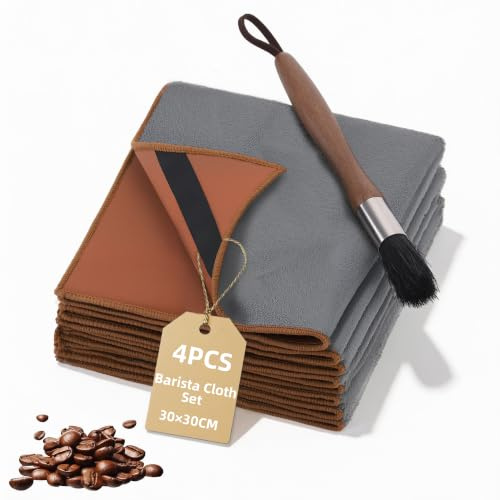 TranRantic Set of 5 Barista Cloths 30x30 cm and Barista Brush Cleaning | Microfibre Cloths Extra Absorbent for Steam Wands Portafilter | Wooden Coffee Brush for Coffee Grinders, Espresso machines