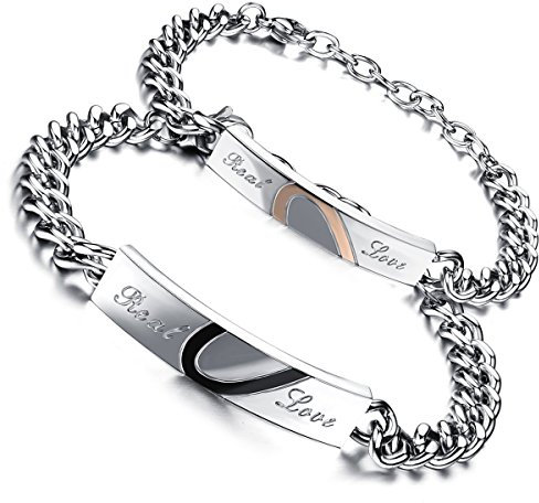 Aroncent Partner Armbänder Freundschaftsarmband Partnerarmbänder: 2PCS Herren Damen Edelstahl Gliederarmband Lieben Armband Herz Freundschaftsarmband mit Real Love Gravur Rosegold Schwarz Silber