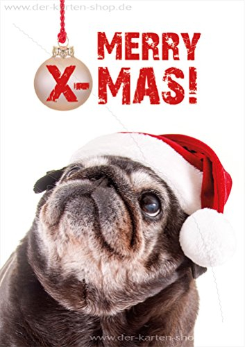 3 Stück Weihnachtskarten Doppelkarte mit Kuvert Karte Weihnachten Mops mit Nikolausmütze Merry X-Mas!