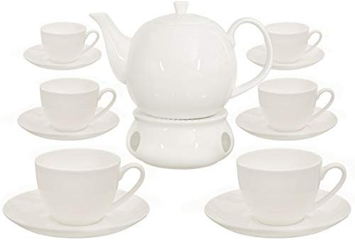 Buchensee Kaffeeservice aus Fine Bone China Porzellan. Tee- / Kaffeekanne in fein-cremigem Weiß mit 1,5l Füllvolumen, 6 Kaffeetassen, 6 Unterteller und Stövchen.