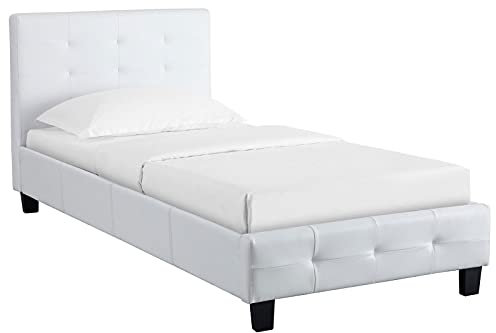 IDIMEX Lit Simple pour Adulte ou Enfant Reve Couchage 90 x 190 cm avec sommier 1 Place / 1 Personne, tête et Pied de lit capitonnés, revêtement synthétique Blanc