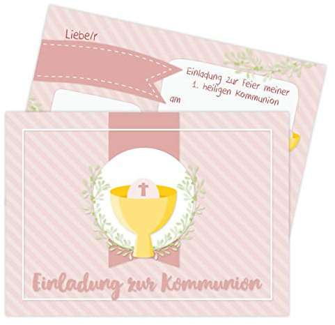 Papierdrachen 12 Einladungskarten zur Kommunion - Motiv Streifen rosa - Einladung zur Heiligen Kommunion für Mädchen und Jungen - DIN A6 - Set 8
